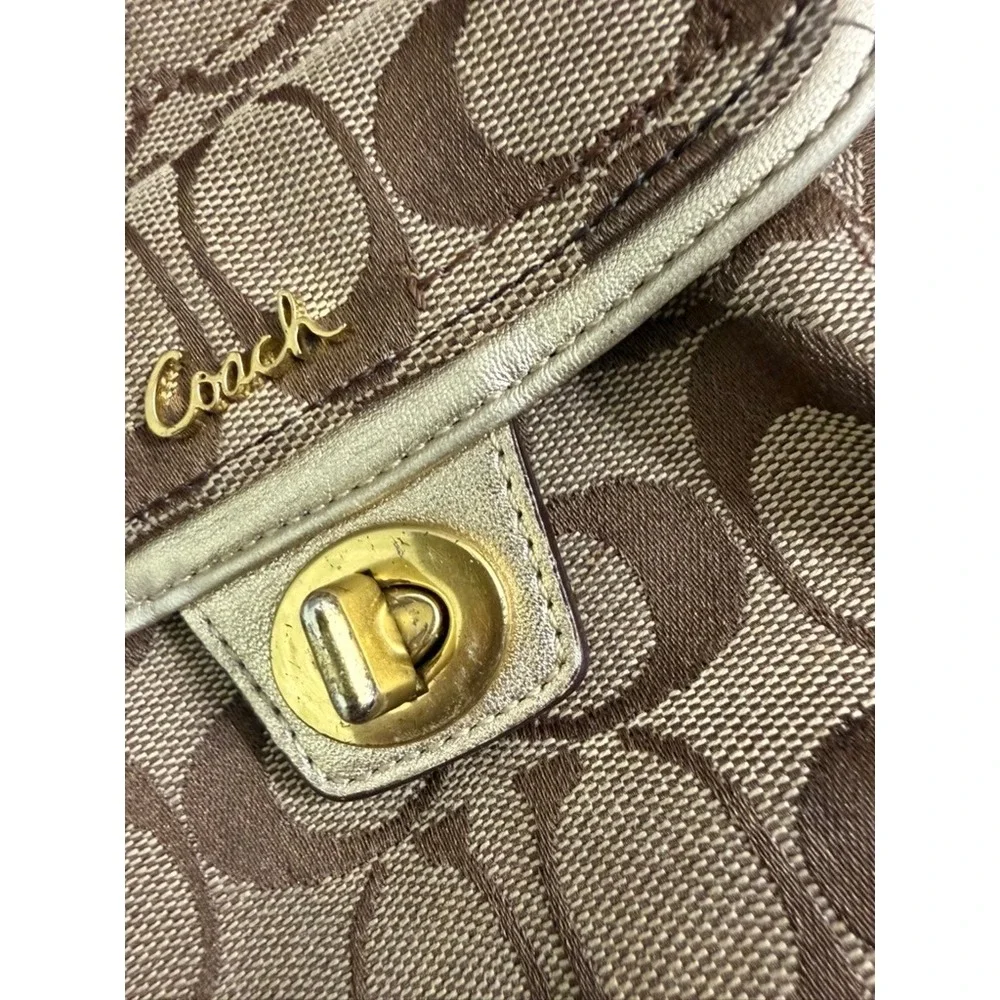 Coach Signature Canvas Crossbody Bag Brown Khaki Front Turnlock Pocket Gold Trim